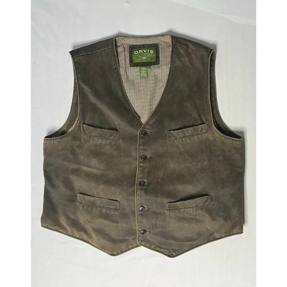 Orvis Suede Lined Waistcoat Vest Men's Size 2XL Brown Button Up Western Outdoors